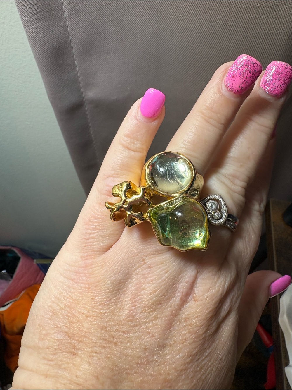 Gold-Tone Tory Burch Statement Ring with Light Green and Clear Cabochons size 7